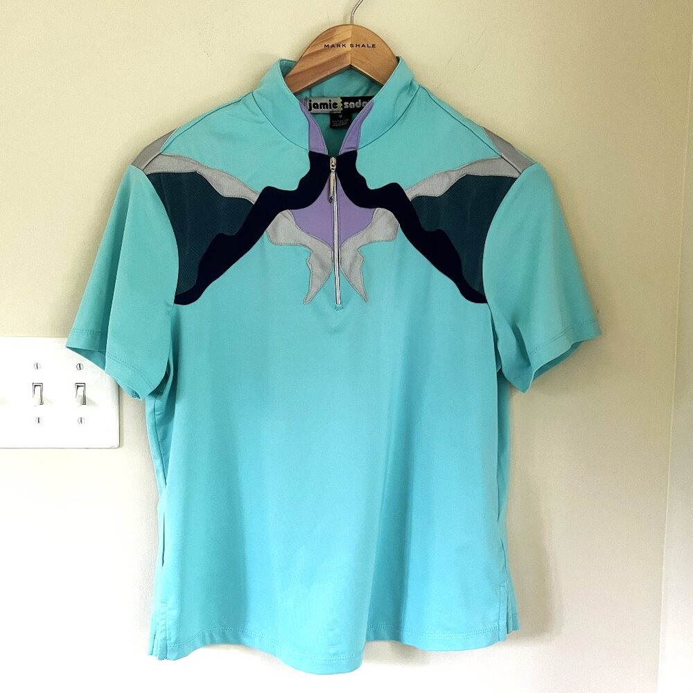 Jamie Sadock Short Sleeve Golf Top, Turquoise/Silver/Navy, Size M